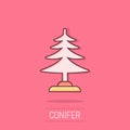 Conifer tree icon in comic style. Fir flora cartoon vector illustration on isolated background. Ecology splash effect sign Royalty Free Stock Photo