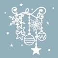 Coniferous branches and balloons, snowflakes, stars from paper. Christmas tree branches silhouette. Spruce decor element. Template