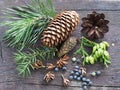 Coniferous raw materials on old wooden Board