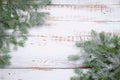 Coniferous spruce branches with snow on white abraded boards. Natural Christmas and winter background or concept.