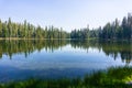 Coniferous trees forest reflected in the calm waters of Summit Lake, Lassen Volcanic National Park, Northern California