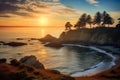 Coniferous trees on a steep hill against the backdrop of the sea and sunset