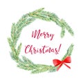 Coniferous wreath hand drawn border with Merry Christmas lettering Royalty Free Stock Photo
