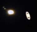 Conjunction of jupiter and saturn, jupiter with two of its satellites and saturn with rings