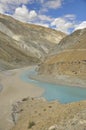 Conjunction of the Zanskar and Indus rivers flowing in between beautiful dry mountains in Nimmu Valley, Ladakh, INDIA Royalty Free Stock Photo