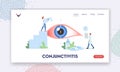Conjunctivitis Landing Page Template. Tiny Doctors Characters Dripping Drops in Huge Human Eye Suffering of DES