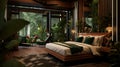 Conjure a contemporary bedroom with a tropical flair, blending lush greens and exotic woods