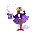 A conjurer in a purple tuxedo and a lilac cloak with stars holds a magic hat in his hands.