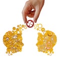 Connect coordinate two 2 gear brains to work together hand head geasrs - 3d rendering