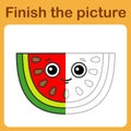 Connect the dot and complete the picture. Simple coloring funny watermelon. Drawing game for children.