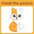 Connect the dot and complete the picture. Simple coloring fox. Drawing game for children