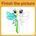 Connect the dot and complete the picture. Simple coloring funny insect dragonfly. Drawing game for children.