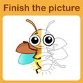 Connect the dot and complete the picture. Simple coloring funny insect firefly. Drawing game for children.