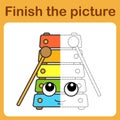 Connect the dot and complete the picture. Simple coloring funny xylophone. Drawing game for children.