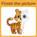 Connect the dot and complete the picture. Simple coloring tiger. Drawing game for children