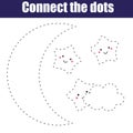 Connect the dots children educational game. Printable activity worksheet. Night moon and cute stars Royalty Free Stock Photo