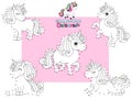 Connect The Dots and Draw Cute Unicorns Cartoon Set. Educational Game for Kids. Vector Illustration Happy Animal Royalty Free Stock Photo