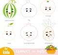 Connect the dots, game for children. Set of cartoon fruits