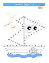 Connect the dots and color. Cute boat. Cartoon vector Illustration of educational game.