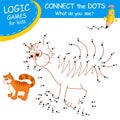 Connect the dots by numbers to draw the Cat. Dot to dot Education Game and Coloring Page with cartoon cute Kitten character. Logic Royalty Free Stock Photo