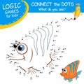 Connect the dots by numbers to draw the Fish. Dot to dot Education Game and Coloring Page with cartoon cute Fish character.