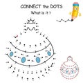 Connect the dots by numbers to draw the New Year Ball. Dot to dot Education Game and Coloring Page with cartoon christmas toy. Royalty Free Stock Photo