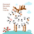 Connect dots from 1 to 20. Educational game. Cute deer with berries and moss. Activity page for kids. Vector Royalty Free Stock Photo