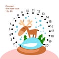 Connect the dots from 1 to 20. Educational game. Cute deer in snowball. Activity page for kids. Vector illustration. Royalty Free Stock Photo