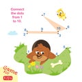 Connect dots from 1 to 10. Educational game. Puppy in dog house. Activity page for kids. Vector illustration.