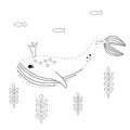 Connect the dots. Whale in the root underwater Cartoon poster. Marine coloring book page for kids. Black and white line art. Sea