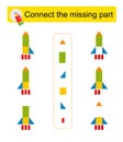 Connect the missing part. Task for the development of attention and logic. Cartoon rocket ship