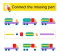 Connect the missing part. Task for the development of attention and logic. Cartoon truck. Vector