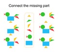 Connect the missing part. Task for the development of attention and logic. Vector illustration of the cartoon rooster