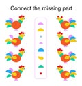 Connect the missing part. Task for the development of attention and logic. Vector illustration of cartoon rooster