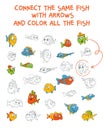 Connect the same fish with the arrows. Matching game. Educational game for children. Coloring book Royalty Free Stock Photo