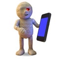 Connected cartoon Egyptian mummy monster plays with his new smartphone tablet device, 3d illustration