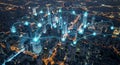 Aerial view of a connected city skyline at night showcasing modern technology network Royalty Free Stock Photo
