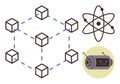 Blockchain Network with Connected Cubes, Atomic Structure, and Chatbot Icon for Technology Concepts Royalty Free Stock Photo