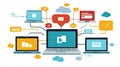 Connected Devices: Network of Laptops with Cloud and Communication Icons on White Royalty Free Stock Photo