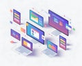 Connected Digital Devices Showing Interfaces and Data Charts in Isometric Perspective technology computer Royalty Free Stock Photo