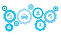 Connected gears and icons for logistic, service, shipping, distribution, transport, market, communicate concepts. Care, family,