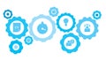Connected gears and vector icons for logistic, service, shipping, distribution, transport, market, communicate concepts. balance,