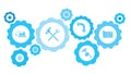 Connected gears and vector icons for logistic, service, shipping, distribution, transport, market, communicate concepts. building