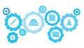 Connected gears and vector icons for logistic, service, shipping, distribution, transport, market, communicate concepts. building
