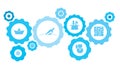 Connected gears and vector icons for logistic, service, shipping, distribution, transport, market, communicate concepts. Chart,