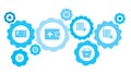 Connected gears and vector icons for logistic, service, shipping, distribution, transport, market, communicate concepts. Delete,