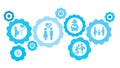 Connected gears and vector icons for logistic, service, shipping, distribution, transport, market, communicate concepts. Family