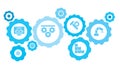 Connected gears and vector icons for logistic, service, shipping, distribution, transport, market, communicate concepts. Mass,