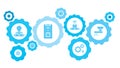 Connected gears and vector icons for logistic, service, shipping, distribution, transport, market, communicate concepts. Mass,