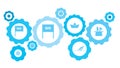 Connected gears and vector icons for logistic, service, shipping, distribution, transport, market, communicate concepts. Maze,